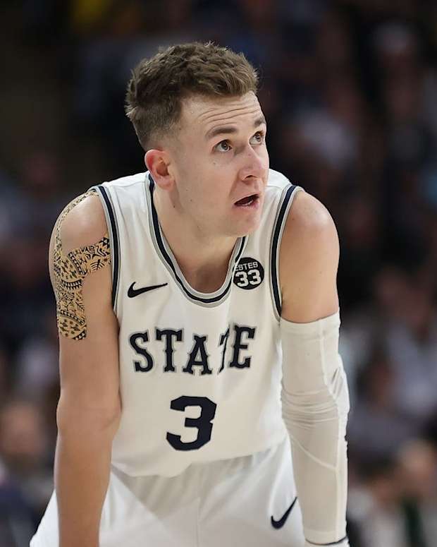 Feb 26, 2022; Logan, Utah, USA; Utah State Aggies guard Steven Ashworth (3) reacts to a play in the second half against the Colorado State Rams at Dee Glen Smith Spectrum. Mandatory Credit: Rob Gray-USA TODAY Sports